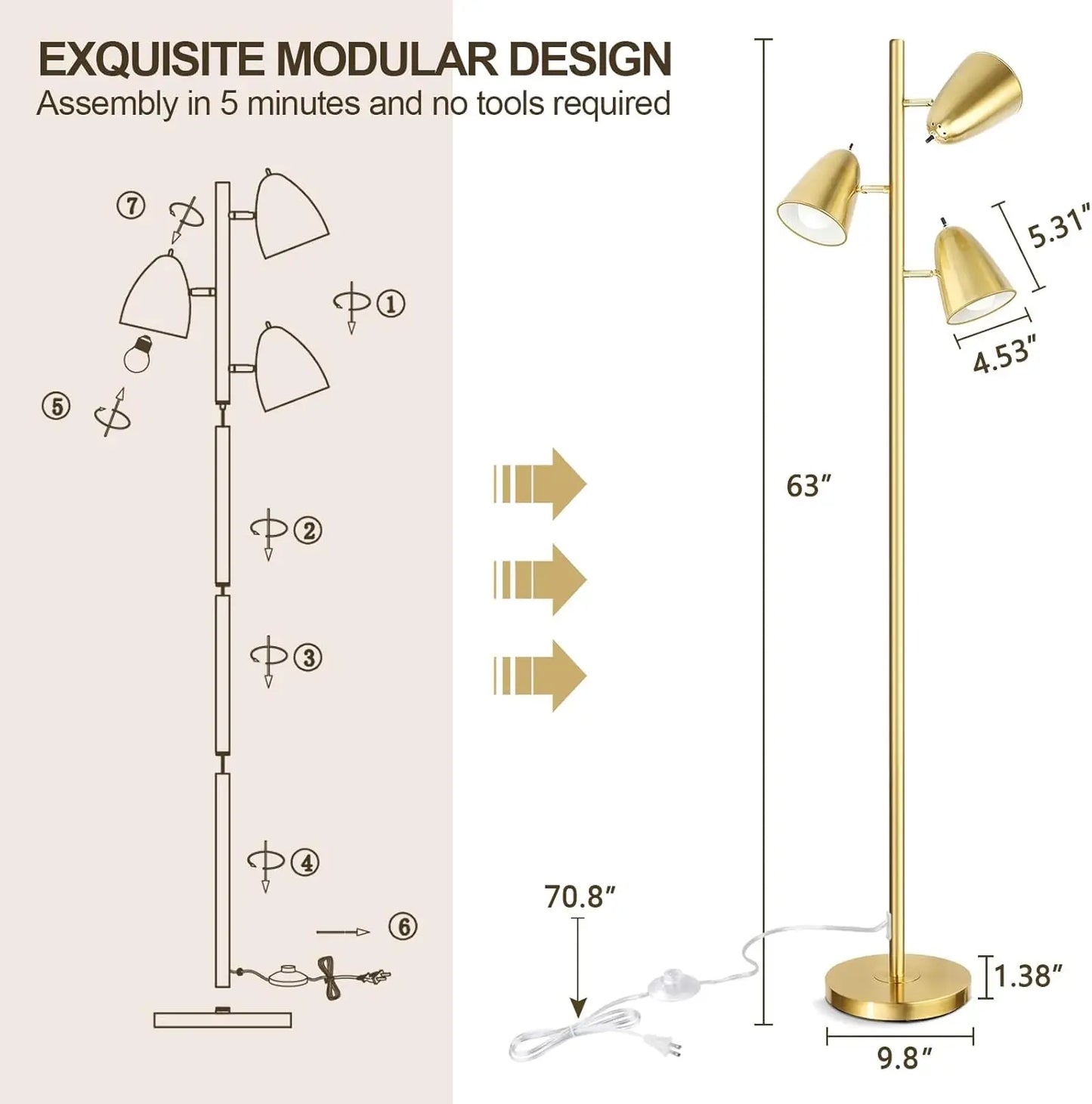 LED Tree Floor Lamp with 3 Adjustable Arms, Standing Pole Light for Living Room, Bedroom & Office Lighting