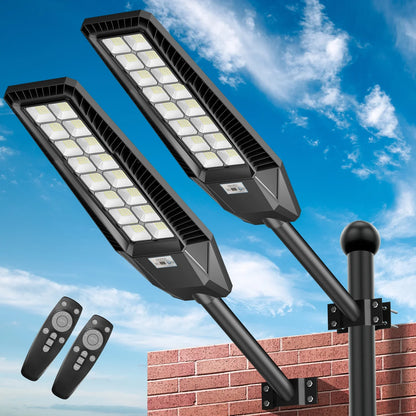 1600W Solar Street Lights (2 Pack) - 90000 Lumens, Dusk to Dawn, Remote Control & Motion Sensor for Outdoor Security Lighting