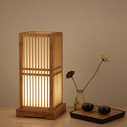 LED Table Lamp - Japanese Minimalist Wooden Square Design - 1-Light Fixture for Bedroom, Living Room & Office Use