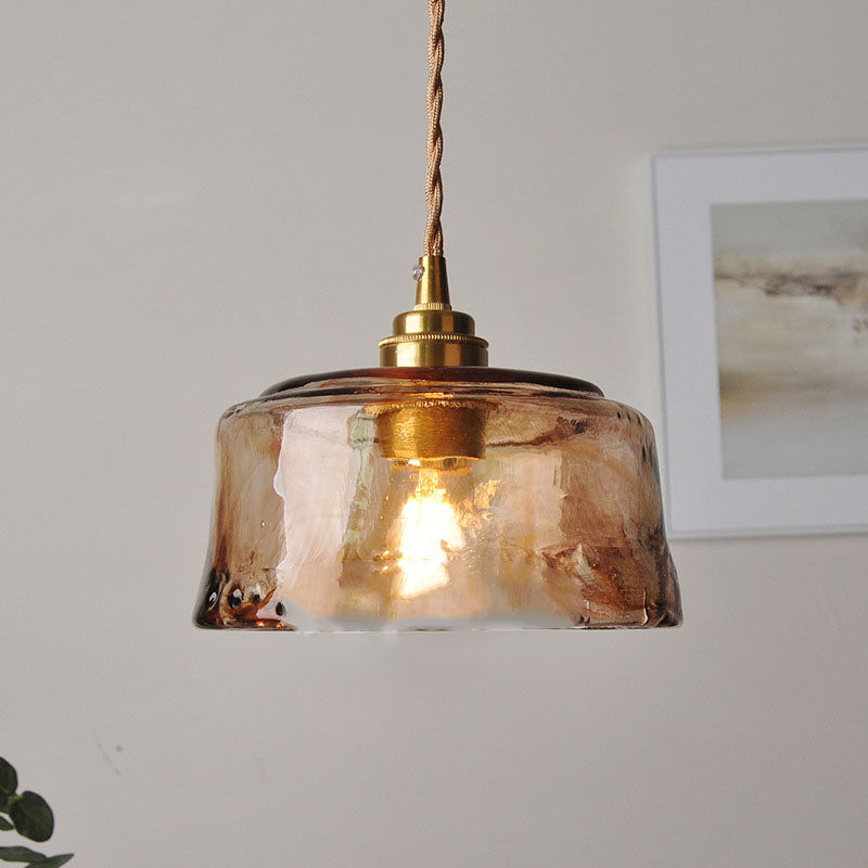 LED Pendant Light Fixture - Vintage Amber Drum Glass with Brass Finish - 1-Light Design for Dining Room & Kitchen Lighting