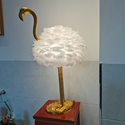 LED Table Lamp with Goose Feather Shade and Metal Flamingo Base for Bedside Lighting in Contemporary Nordic Style