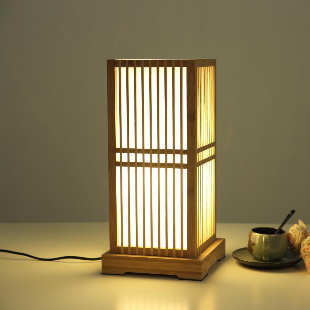 LED Table Lamp - Japanese Minimalist Wooden Square Design - 1-Light Fixture for Bedroom, Living Room & Office Use