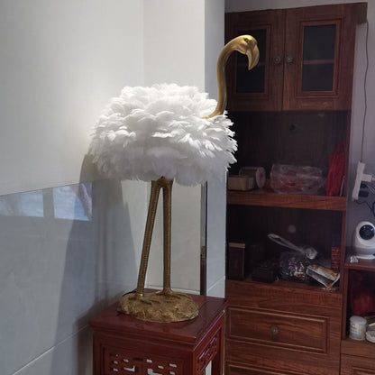 LED Table Lamp with Goose Feather Shade and Metal Flamingo Base for Bedside Lighting in Contemporary Nordic Style