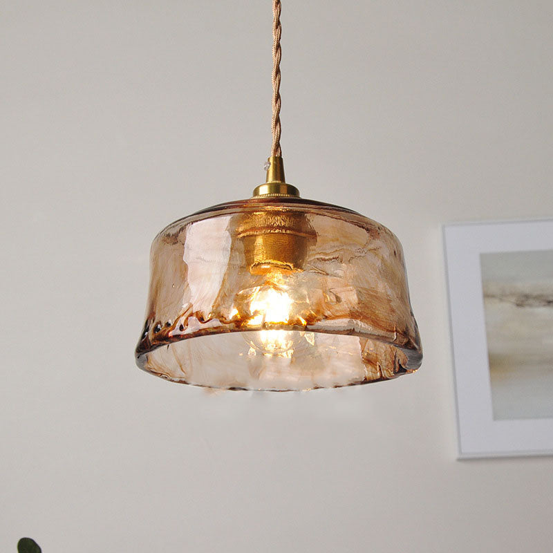 LED Pendant Light Fixture - Vintage Amber Drum Glass with Brass Finish - 1-Light Design for Dining Room & Kitchen Lighting