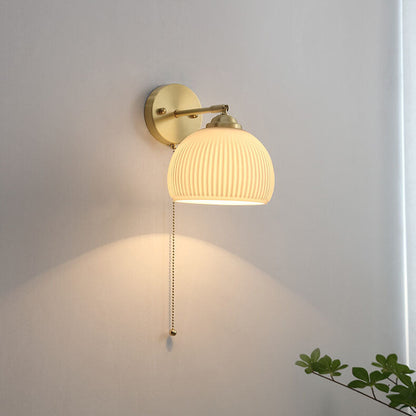 LED Wall Sconce Light - Nordic Striped Milk White Glass with Brass Finish - 1-Light Pull Cord Fixture for Living Room & Hallway