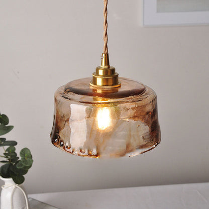 LED Pendant Light Fixture - Vintage Amber Drum Glass with Brass Finish - 1-Light Design for Dining Room & Kitchen Lighting