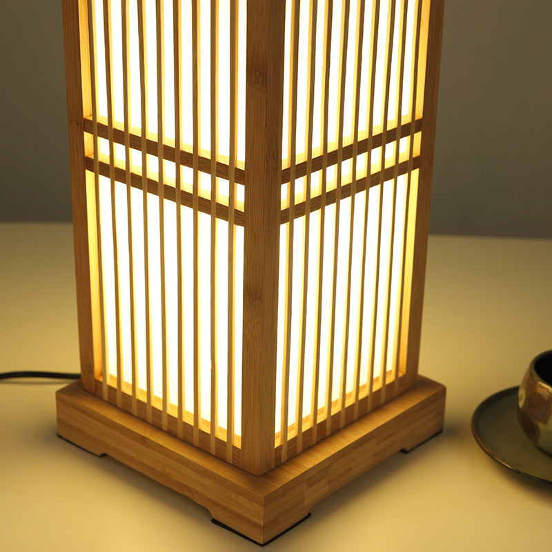 LED Table Lamp - Japanese Minimalist Wooden Square Design - 1-Light Fixture for Bedroom, Living Room & Office Use