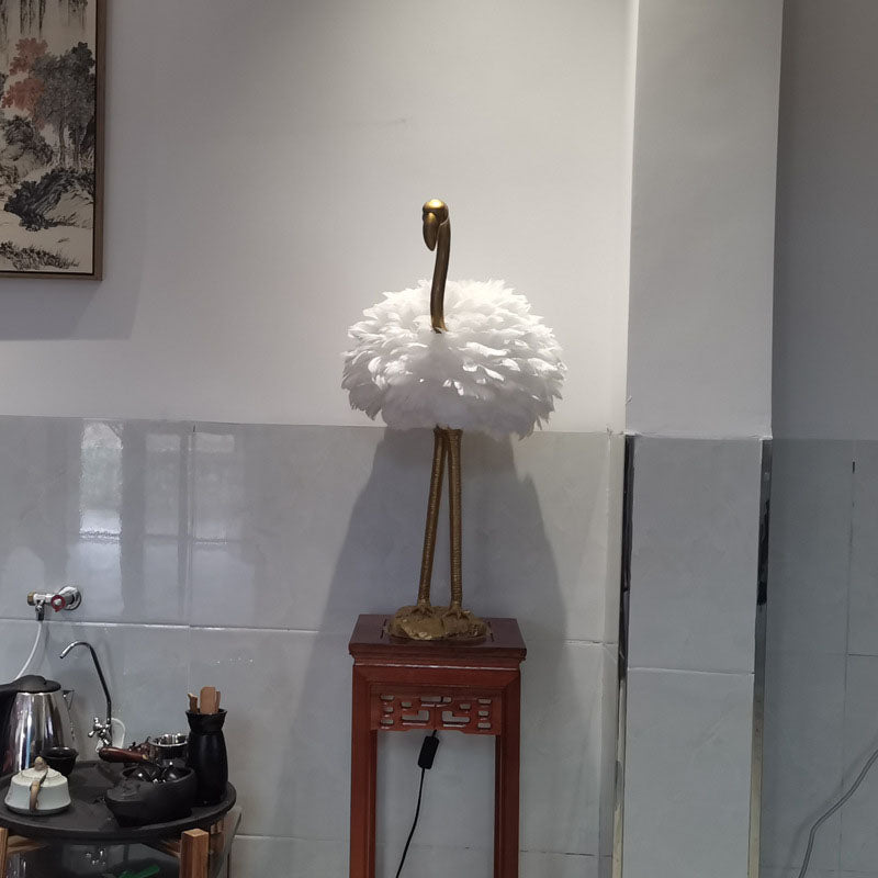 LED Table Lamp with Goose Feather Shade and Metal Flamingo Base for Bedside Lighting in Contemporary Nordic Style