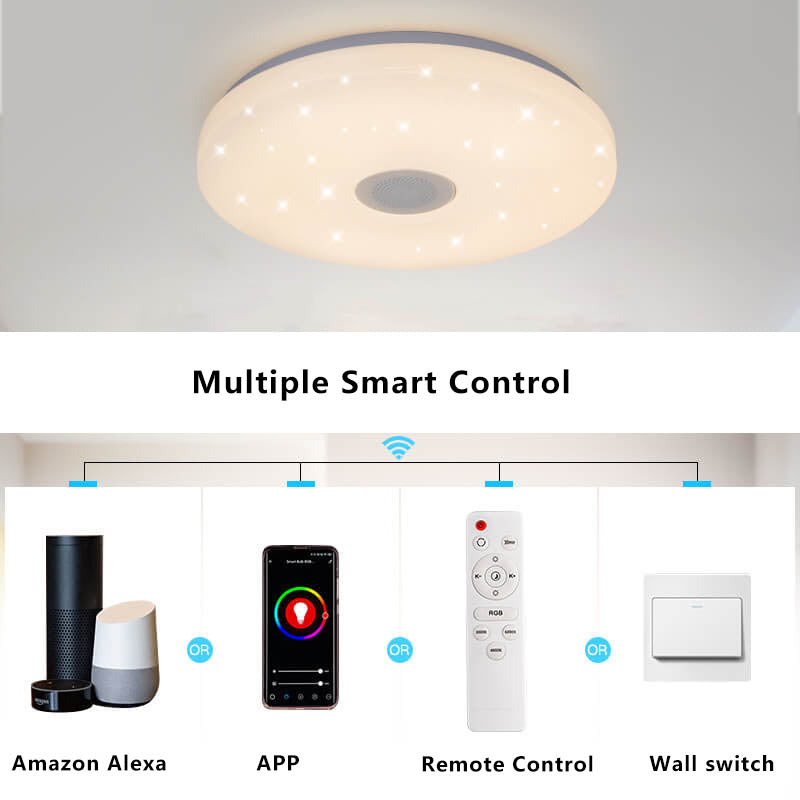 LED Flush Mount Ceiling Light with Bluetooth Speaker & Remote Control - Smart Dimmable Fixture for Living Room & Bedroom