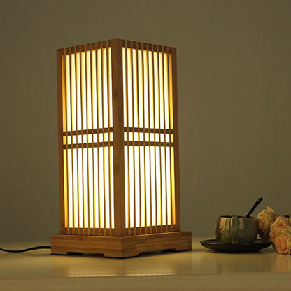 LED Table Lamp - Japanese Minimalist Wooden Square Design - 1-Light Fixture for Bedroom, Living Room & Office Use