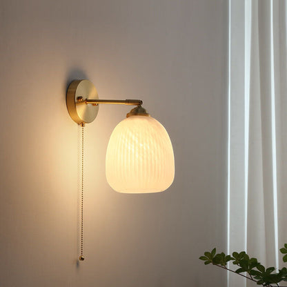 LED Wall Sconce Light - Nordic Striped Milk White Glass with Brass Finish - 1-Light Pull Cord Fixture for Living Room & Hallway