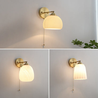 LED Wall Sconce Light - Nordic Striped Milk White Glass with Brass Finish - 1-Light Pull Cord Fixture for Living Room & Hallway