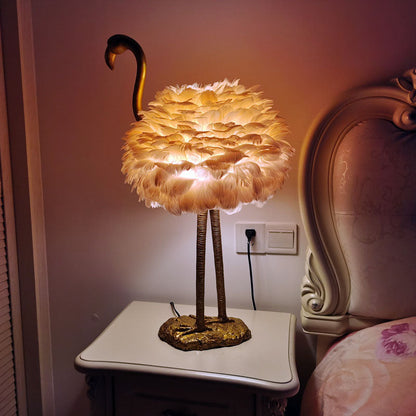 LED Table Lamp with Goose Feather Shade and Metal Flamingo Base for Bedside Lighting in Contemporary Nordic Style