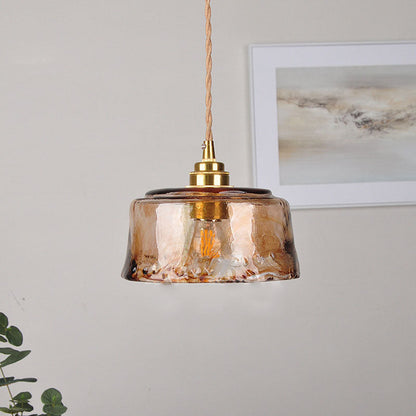 LED Pendant Light Fixture - Vintage Amber Drum Glass with Brass Finish - 1-Light Design for Dining Room & Kitchen Lighting