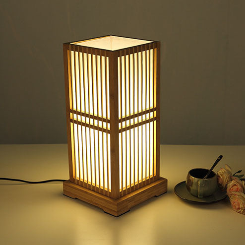 LED Table Lamp - Japanese Minimalist Wooden Square Design - 1-Light Fixture for Bedroom, Living Room & Office Use