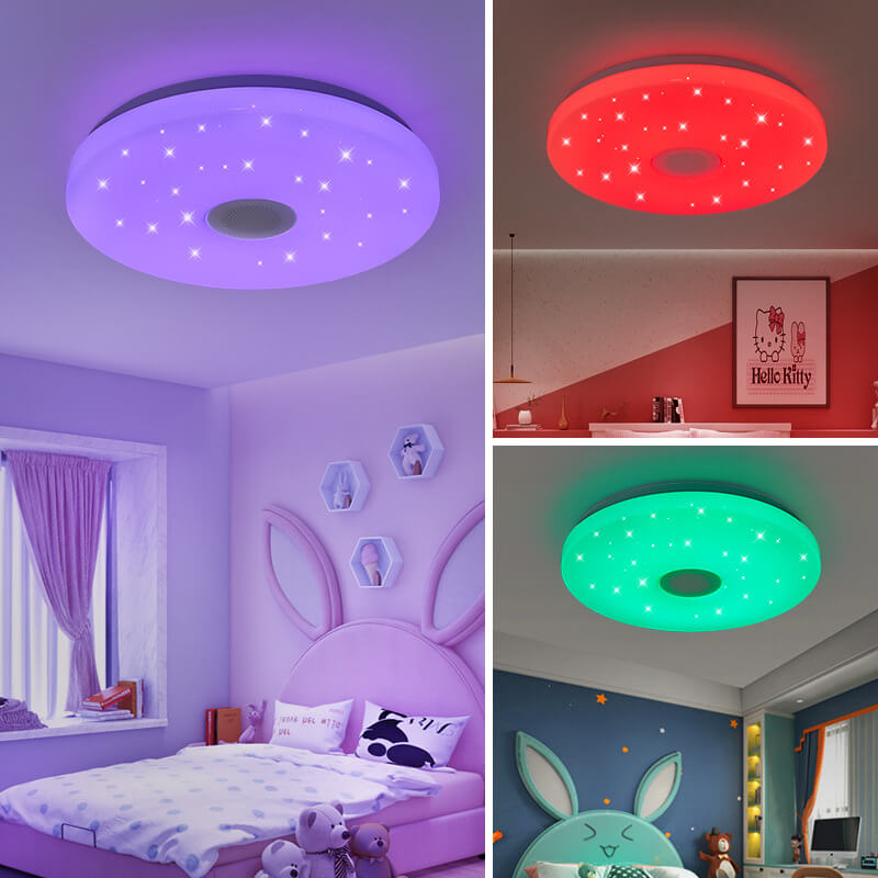 LED Flush Mount Ceiling Light with Bluetooth Speaker & Remote Control - Smart Dimmable Fixture for Living Room & Bedroom