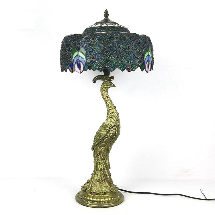 Tiffany Style Peacock Dome Glass Table Lamp with Resin Base – 1-Light Fixture for Living Room & Bedroom Decor