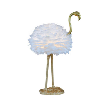 LED Table Lamp with Goose Feather Shade and Metal Flamingo Base for Bedside Lighting in Contemporary Nordic Style