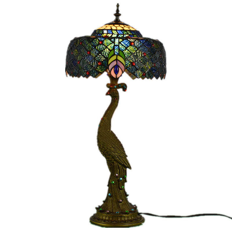 Tiffany Style Peacock Dome Glass Table Lamp with Resin Base – 1-Light Fixture for Living Room & Bedroom Decor