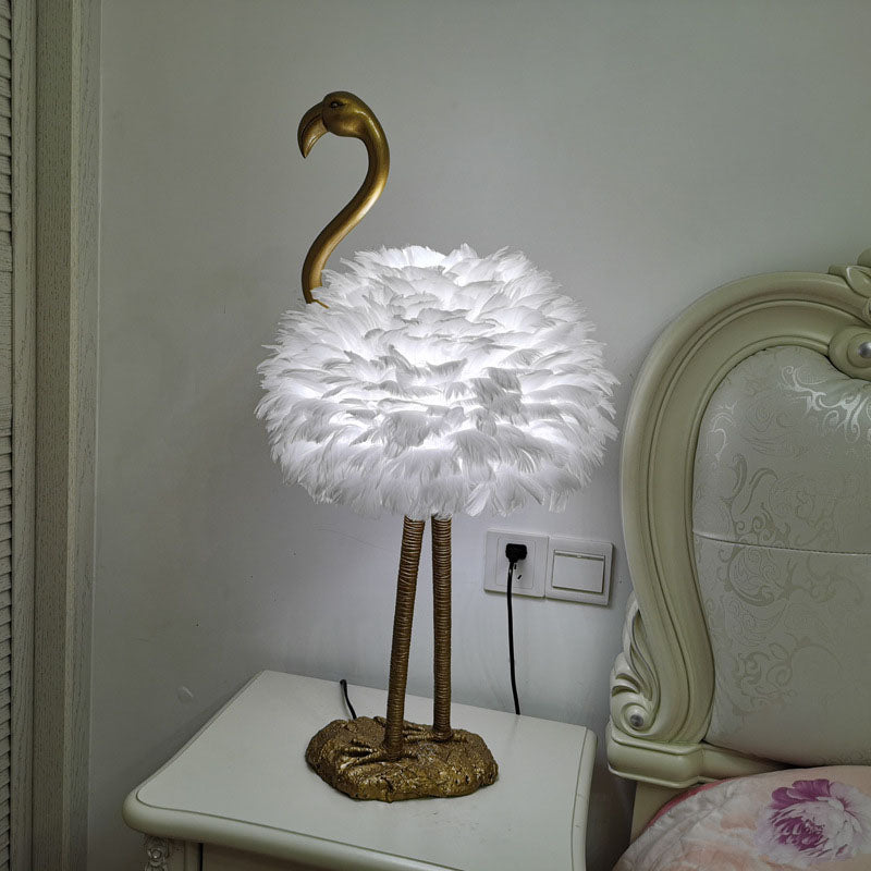 LED Table Lamp with Goose Feather Shade and Metal Flamingo Base for Bedside Lighting in Contemporary Nordic Style