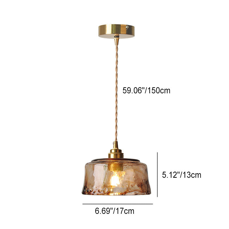 LED Pendant Light Fixture - Vintage Amber Drum Glass with Brass Finish - 1-Light Design for Dining Room & Kitchen Lighting