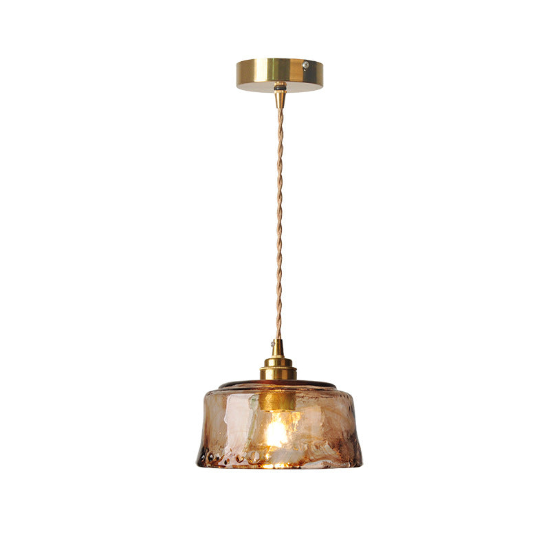 LED Pendant Light Fixture - Vintage Amber Drum Glass with Brass Finish - 1-Light Design for Dining Room & Kitchen Lighting