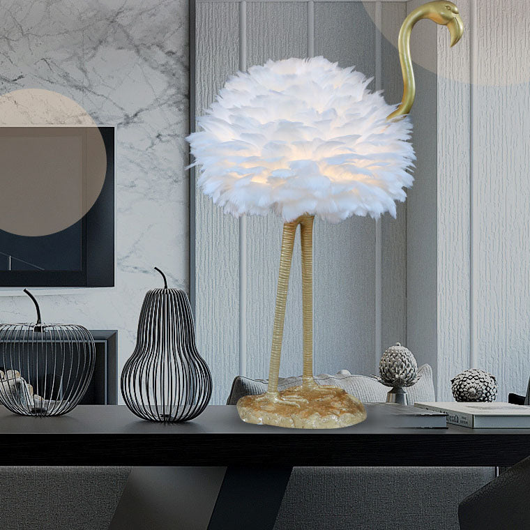 LED Table Lamp with Goose Feather Shade and Metal Flamingo Base for Bedside Lighting in Contemporary Nordic Style