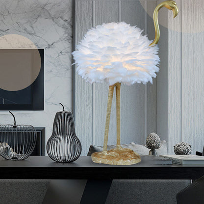 LED Table Lamp with Goose Feather Shade and Metal Flamingo Base for Bedside Lighting in Contemporary Nordic Style