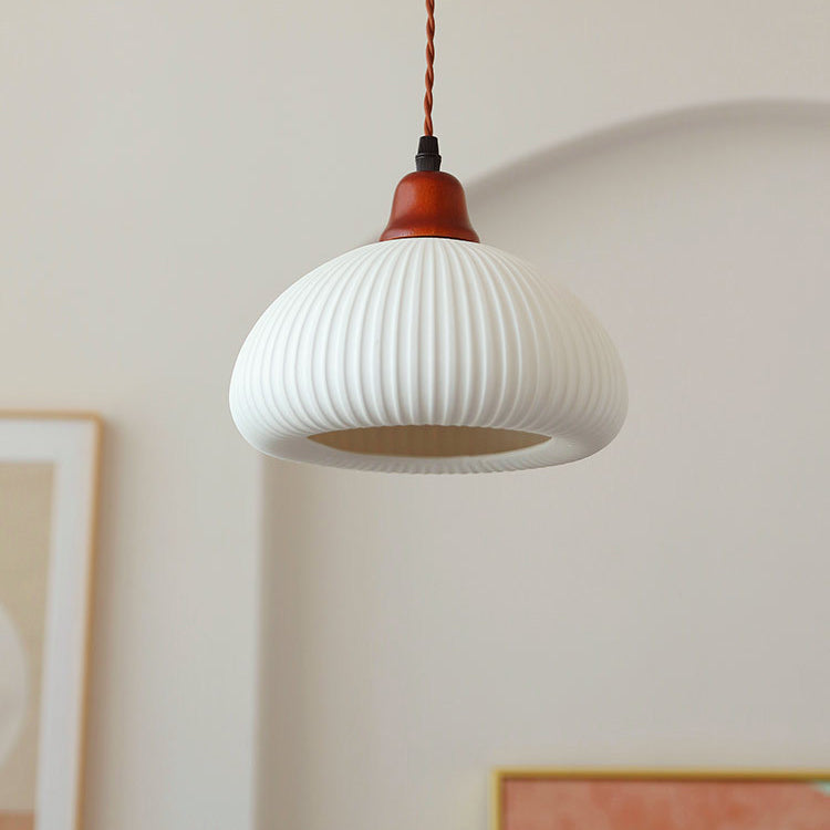 Vintage Japanese Ceramic Pleated Pendant Light Fixture - Round Dome Design for Dining Room & Kitchen