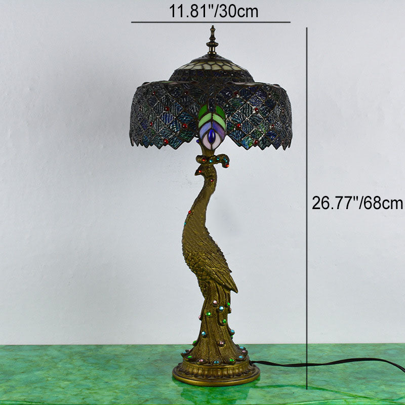 Tiffany Style Peacock Dome Glass Table Lamp with Resin Base – 1-Light Fixture for Living Room & Bedroom Decor