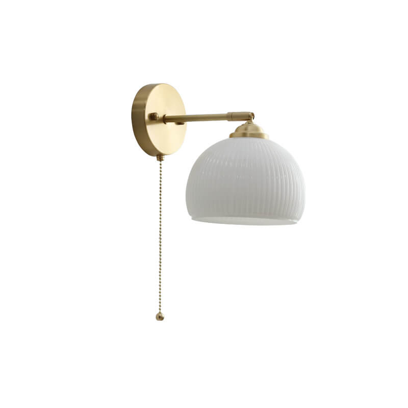 LED Wall Sconce Light - Nordic Striped Milk White Glass with Brass Finish - 1-Light Pull Cord Fixture for Living Room & Hallway