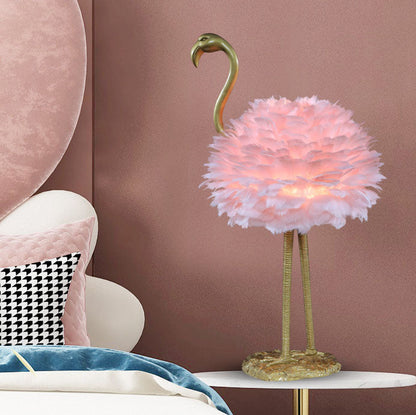 LED Table Lamp with Goose Feather Shade and Metal Flamingo Base for Bedside Lighting in Contemporary Nordic Style