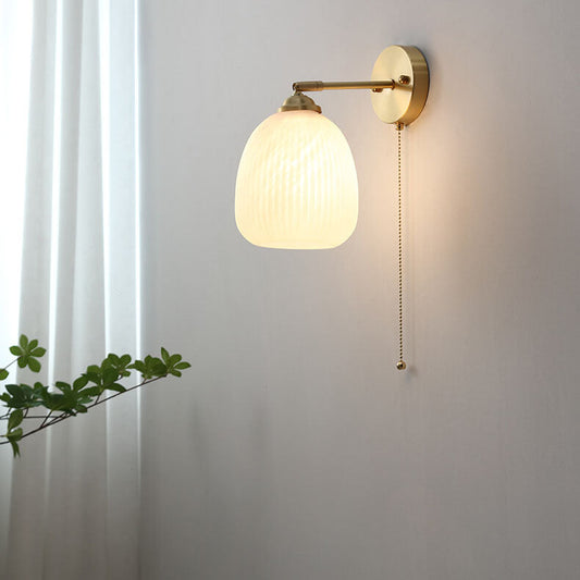 LED Wall Sconce Light - Nordic Striped Milk White Glass with Brass Finish - 1-Light Pull Cord Fixture for Living Room & Hallway