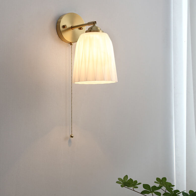 LED Wall Sconce Light - Nordic Striped Milk White Glass with Brass Finish - 1-Light Pull Cord Fixture for Living Room & Hallway