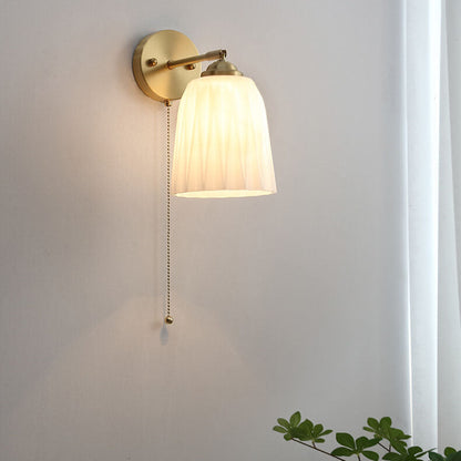 LED Wall Sconce Light - Nordic Striped Milk White Glass with Brass Finish - 1-Light Pull Cord Fixture for Living Room & Hallway