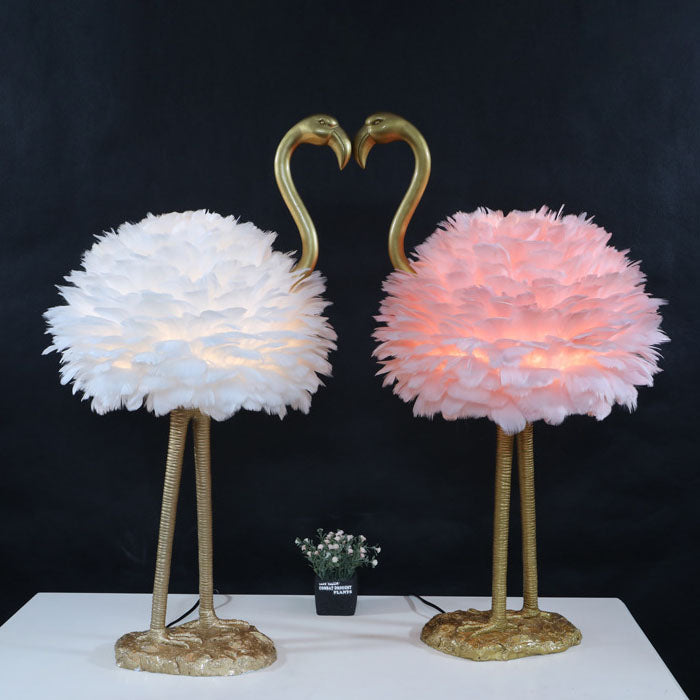 LED Table Lamp with Goose Feather Shade and Metal Flamingo Base for Bedside Lighting in Contemporary Nordic Style