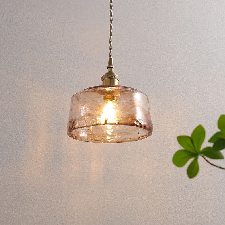 LED Pendant Light Fixture - Vintage Amber Drum Glass with Brass Finish - 1-Light Design for Dining Room & Kitchen Lighting