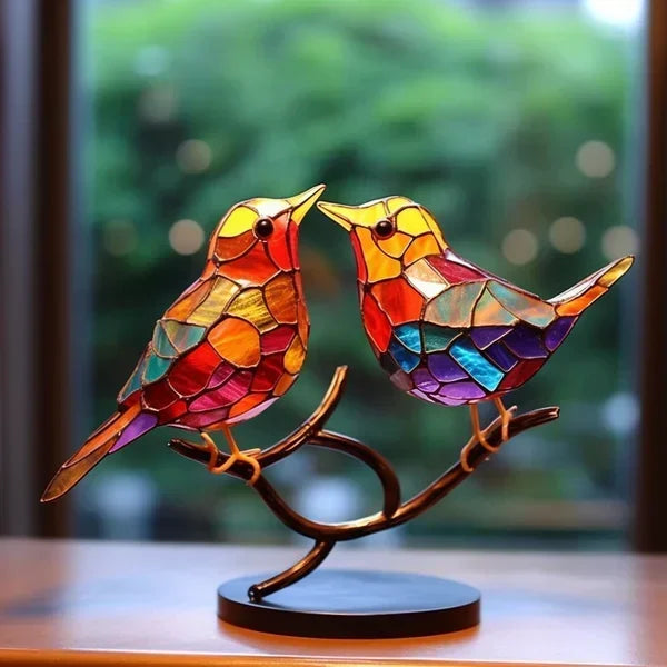 Glass Rainbow Birds Collection: Beautiful Stained Glass Birds on Branch Ornaments for Artistic Displays