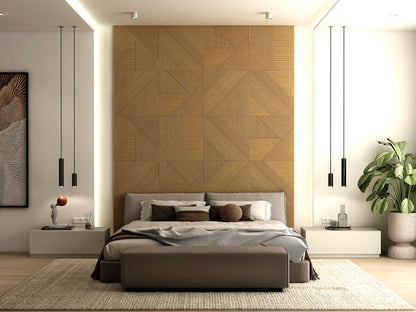 Contemporary Walnut Wood Paneling - Geometric Design for Bedrooms, Adhesive Fluted and Square Patterns