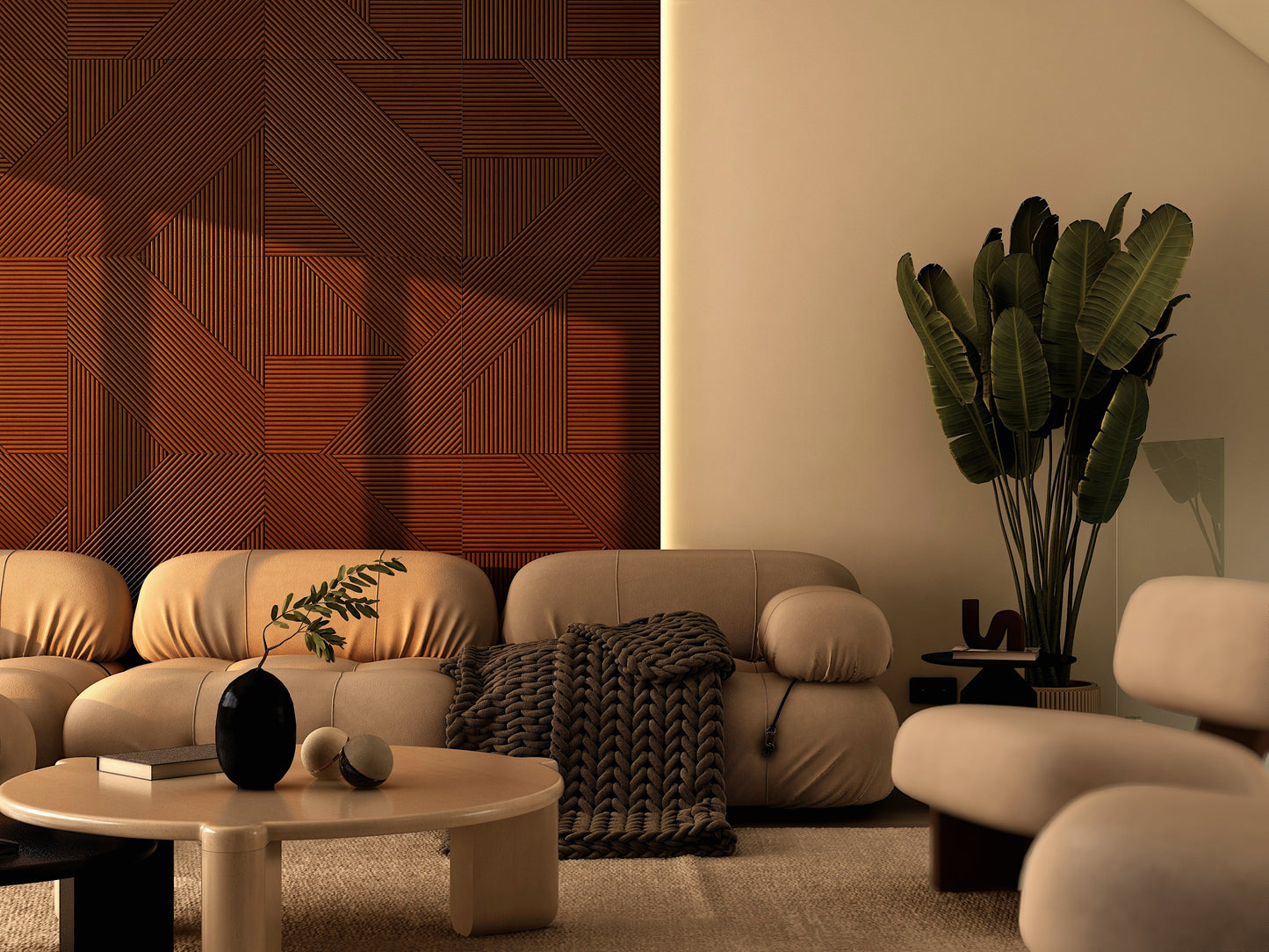 Contemporary Walnut Wood Paneling - Geometric Design for Bedrooms, Adhesive Fluted and Square Patterns