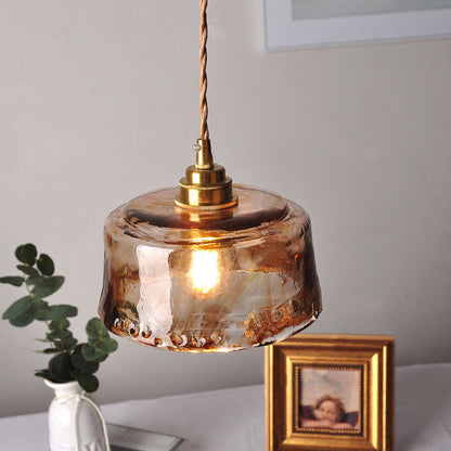 LED Pendant Light Fixture - Vintage Amber Drum Glass with Brass Finish - 1-Light Design for Dining Room & Kitchen Lighting