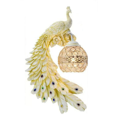 LED Wall Sconce Light with Vintage Ornate Resin Peacock Design and Crystal Ball Shade for Living Room & Hallway Lighting