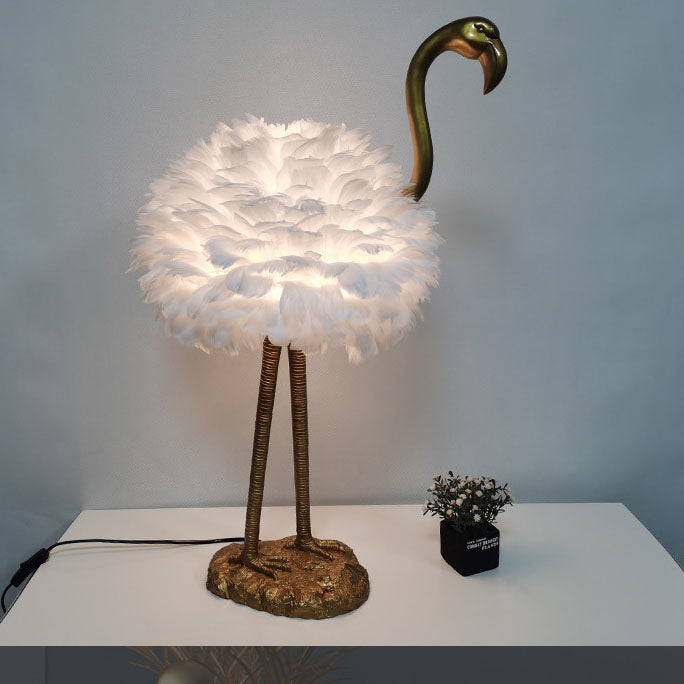 LED Table Lamp with Goose Feather Shade and Metal Flamingo Base for Bedside Lighting in Contemporary Nordic Style