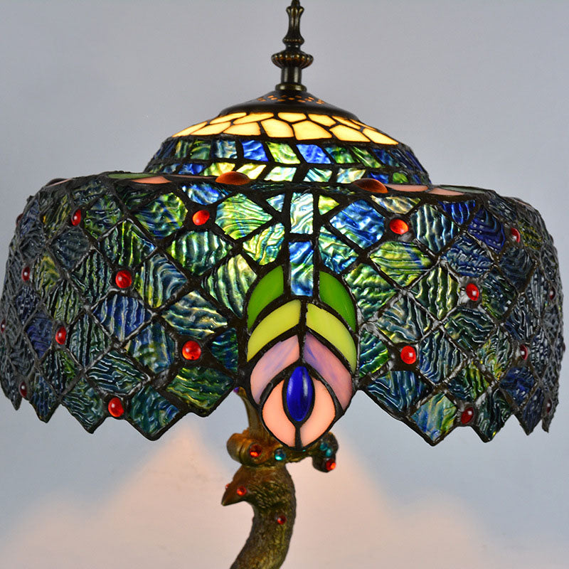 Tiffany Style Peacock Dome Glass Table Lamp with Resin Base – 1-Light Fixture for Living Room & Bedroom Decor