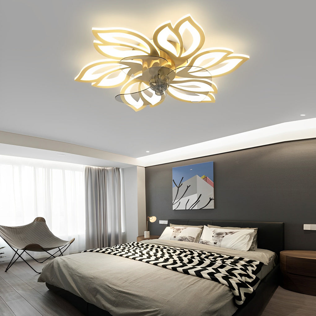 LED Modern Ceiling Fan Light with Flower Design, Smart Silent Stepless Dimming, Ideal for Living Room & Bedroom