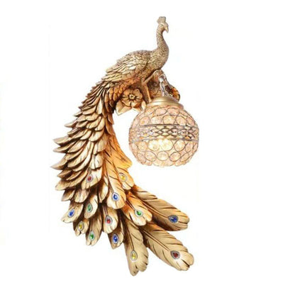 LED Wall Sconce Light with Vintage Ornate Resin Peacock Design and Crystal Ball Shade for Living Room & Hallway Lighting