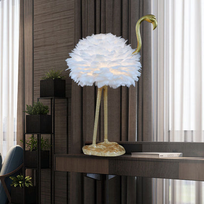 LED Table Lamp with Goose Feather Shade and Metal Flamingo Base for Bedside Lighting in Contemporary Nordic Style