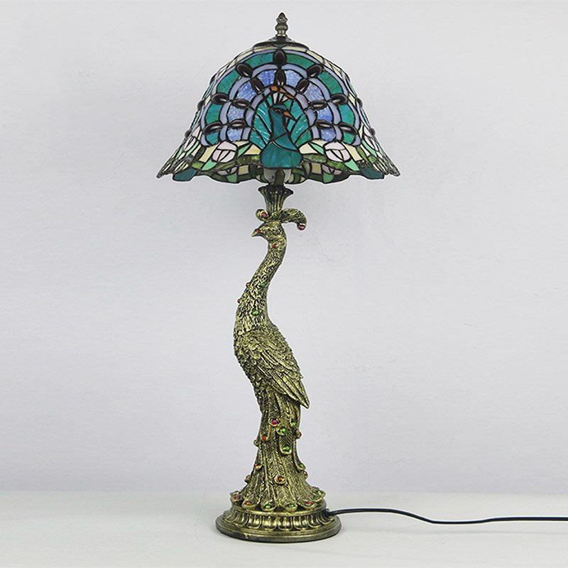 Tiffany Style Peacock Dome Glass Table Lamp with Resin Base – 1-Light Fixture for Living Room & Bedroom Decor