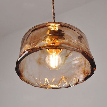 LED Pendant Light Fixture - Vintage Amber Drum Glass with Brass Finish - 1-Light Design for Dining Room & Kitchen Lighting