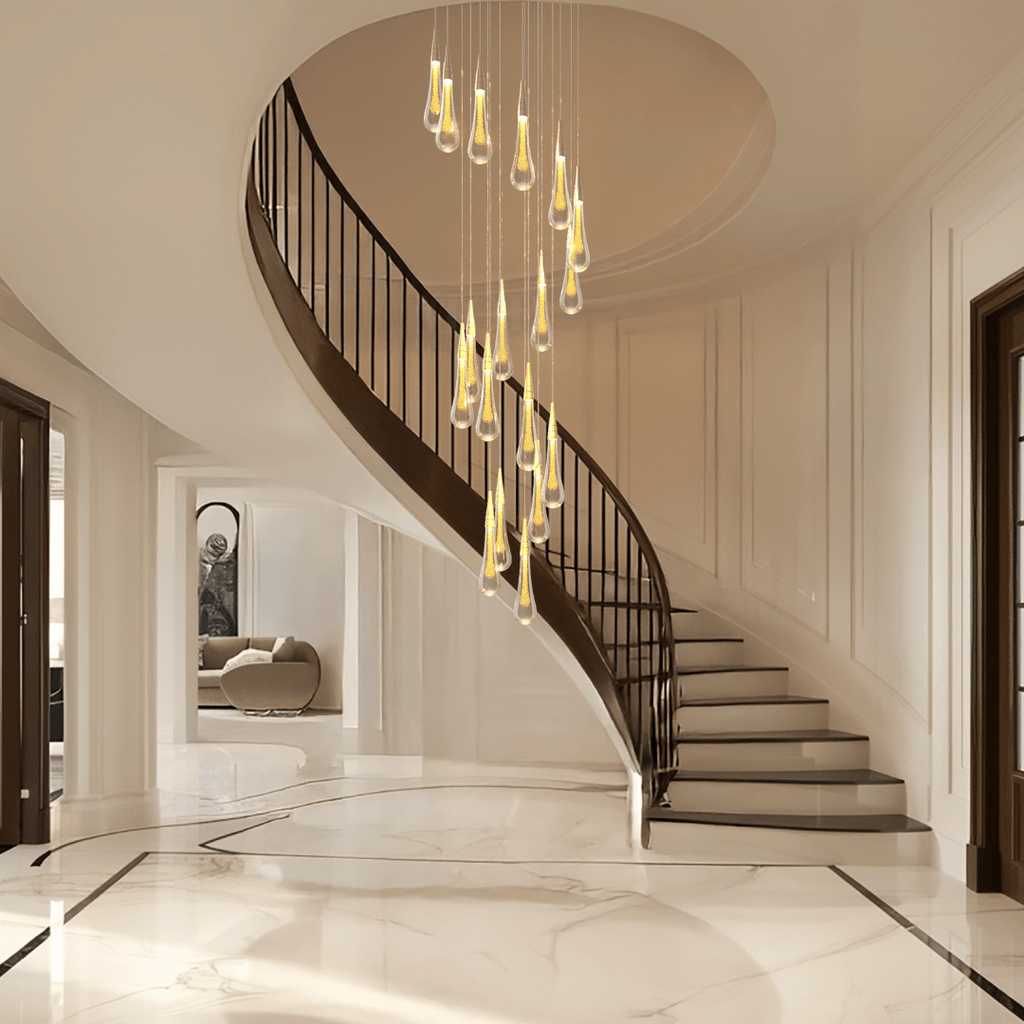 Crystal Droplets Chandelier – Modern Spiral Dimmable LED Lighting for Living Room, Dining & Entryway
